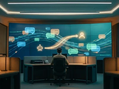 A support agent at a desk facing a video wall showing chat bubbles and a path handing off from a bot icon to a person icon