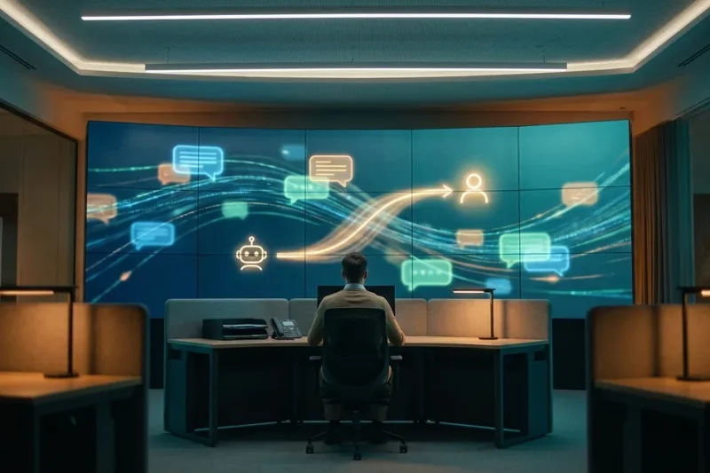 A support agent at a desk facing a video wall showing chat bubbles and a path handing off from a bot icon to a person icon