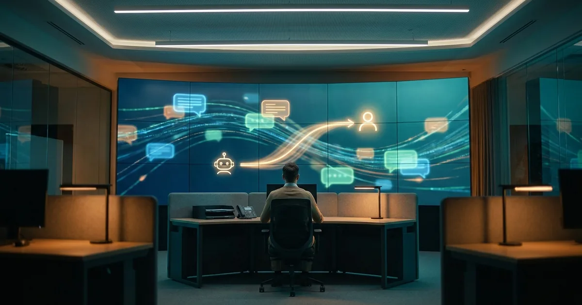A support agent at a desk facing a video wall showing chat bubbles and a path handing off from a bot icon to a person icon