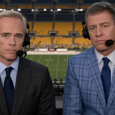 Joe Buck and Troy Aikman seated side by side in an NFL broadcast booth wearing headsets, neither smiling