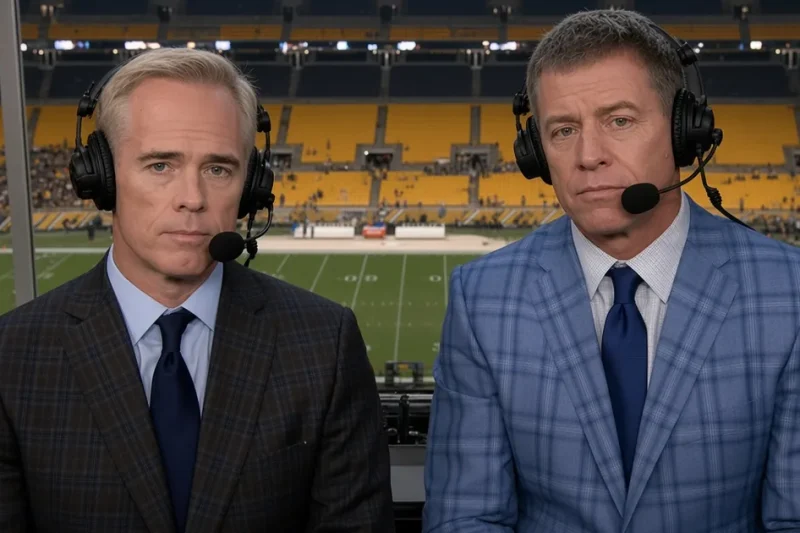 Joe Buck and Troy Aikman seated side by side in an NFL broadcast booth wearing headsets, neither smiling