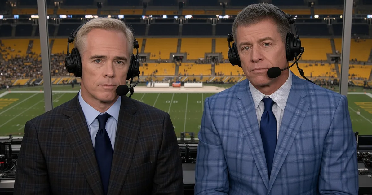 Joe Buck and Troy Aikman seated side by side in an NFL broadcast booth wearing headsets, neither smiling