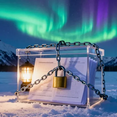 A clear ballot box full of paper ballots, wrapped in iron chains with a brass padlock, on snow beneath Alaska mountains and a green aurora at night