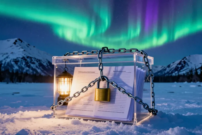 A clear ballot box full of paper ballots, wrapped in iron chains with a brass padlock, on snow beneath Alaska mountains and a green aurora at night