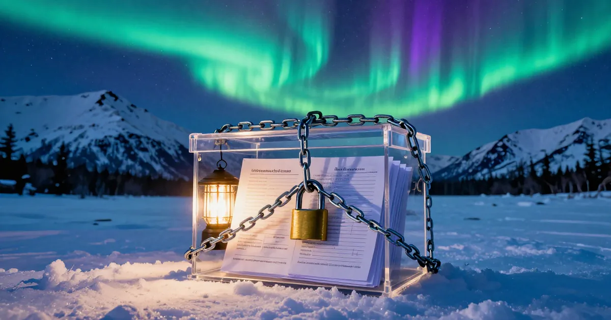 A clear ballot box full of paper ballots, wrapped in iron chains with a brass padlock, on snow beneath Alaska mountains and a green aurora at night