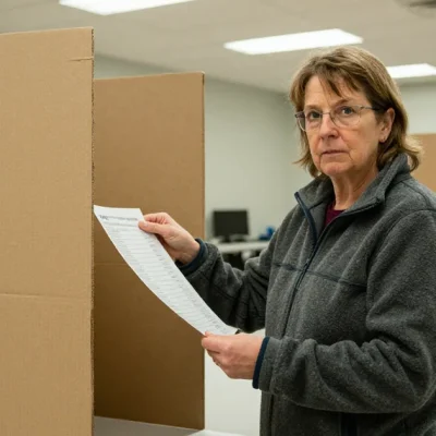 A woman in a fleece jacket holds a paper ballot beside cardboard voting booths in a community hall polling station