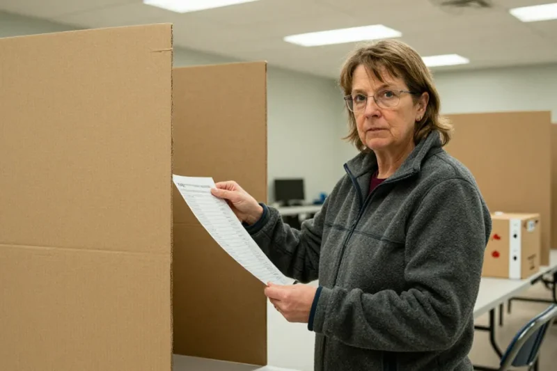 A woman in a fleece jacket holds a paper ballot beside cardboard voting booths in a community hall polling station