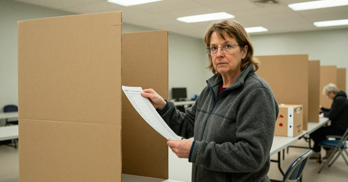 A woman in a fleece jacket holds a paper ballot beside cardboard voting booths in a community hall polling station