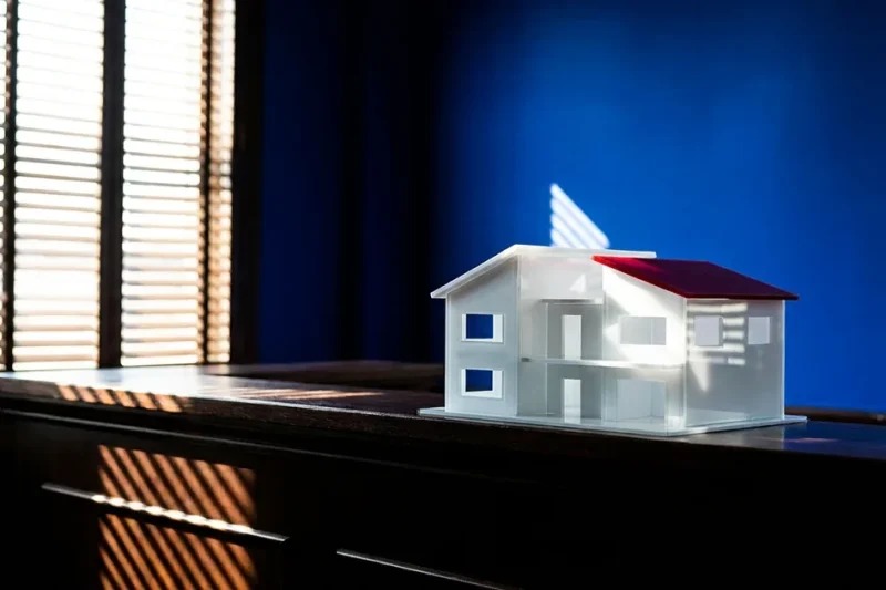 A white architectural model of a house with a red roof sits on a dark wooden counter in front of a cobalt blue wall, with striped shadows from window blinds across the wood.