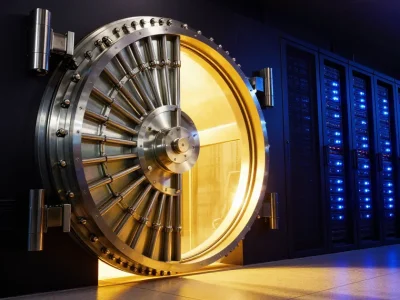 A round steel bank vault door standing open with gold light pouring out, beside a long row of server racks lit with blue indicator lights