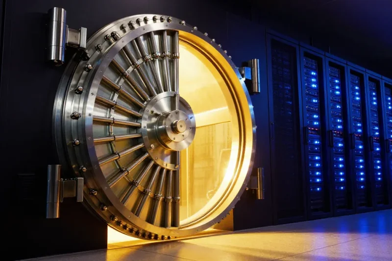 A round steel bank vault door standing open with gold light pouring out, beside a long row of server racks lit with blue indicator lights