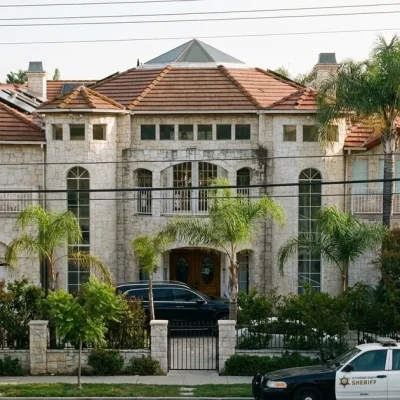 A large stone Mediterranean-style house with red tile roofs behind an iron fence in Arcadia, California, with a sheriff's patrol car at the curb