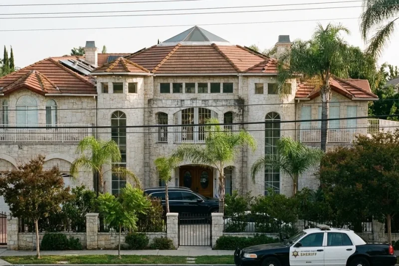 A large stone Mediterranean-style house with red tile roofs behind an iron fence in Arcadia, California, with a sheriff's patrol car at the curb