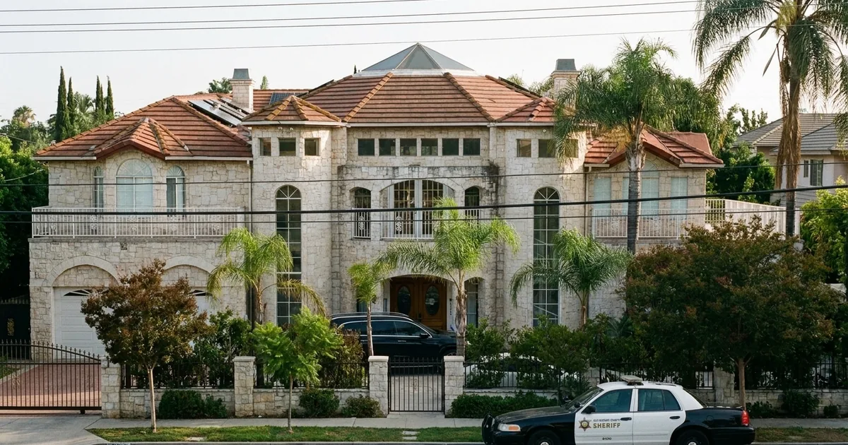 A large stone Mediterranean-style house with red tile roofs behind an iron fence in Arcadia, California, with a sheriff's patrol car at the curb