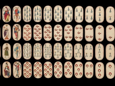 The Cloisters Playing Cards, a hunting-suit deck from about 1475 to 1480, laid out in four rows