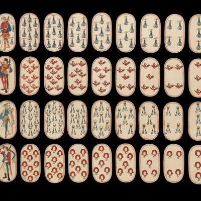 The Cloisters Playing Cards, a hunting-suit deck from about 1475 to 1480, laid out in four rows