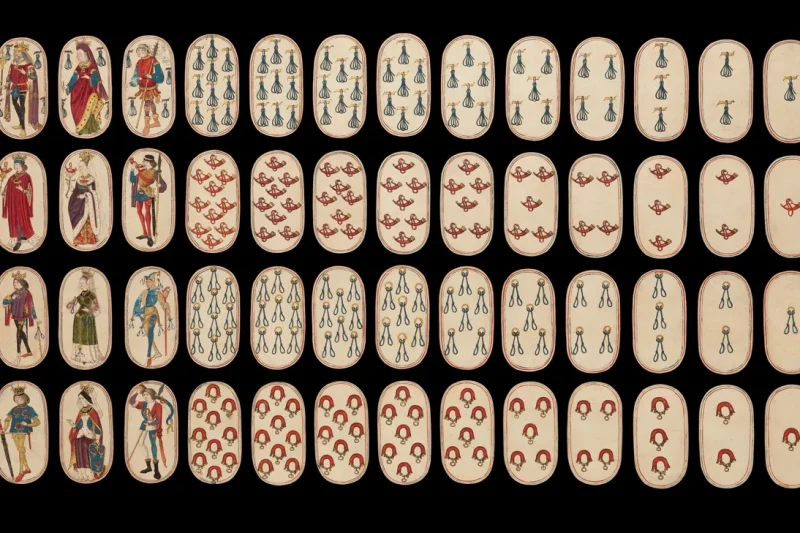 The Cloisters Playing Cards, a hunting-suit deck from about 1475 to 1480, laid out in four rows