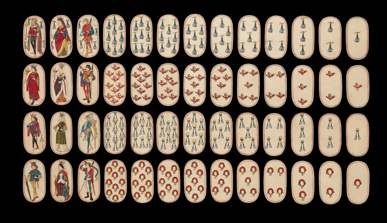 The Cloisters Playing Cards, a hunting-suit deck from about 1475 to 1480, laid out in four rows