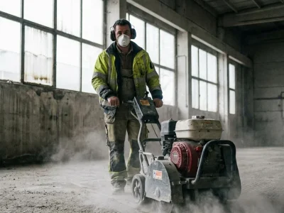 Operator using a walk-behind floor scabbler on a concrete floor
