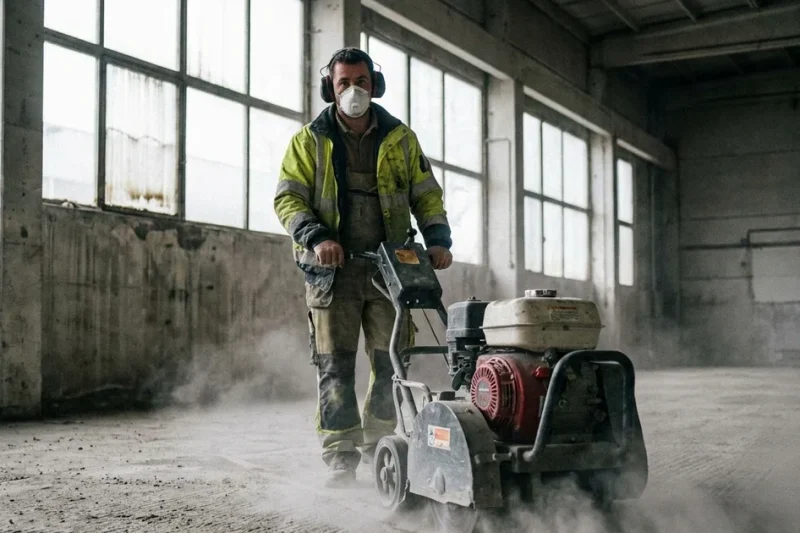 Operator using a walk-behind floor scabbler on a concrete floor