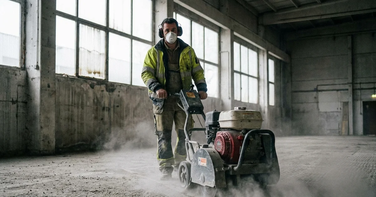 Operator using a walk-behind floor scabbler on a concrete floor