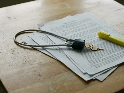 A steel cable gun lock with a padlock and brass key lying on a stack of printed legal pages beside a yellow highlighter on a wooden desk