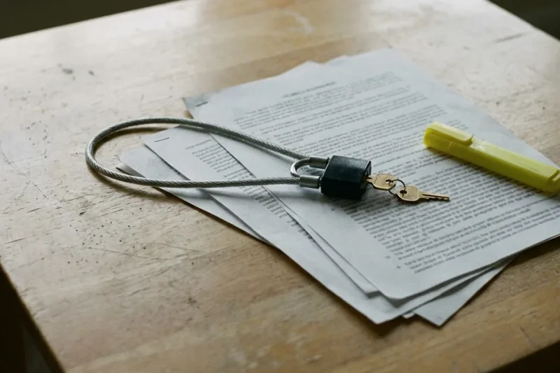 A steel cable gun lock with a padlock and brass key lying on a stack of printed legal pages beside a yellow highlighter on a wooden desk