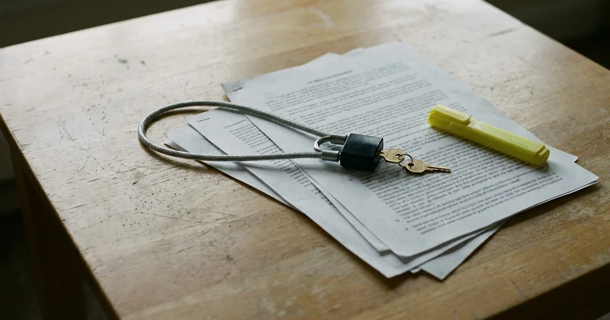 A steel cable gun lock with a padlock and brass key lying on a stack of printed legal pages beside a yellow highlighter on a wooden desk