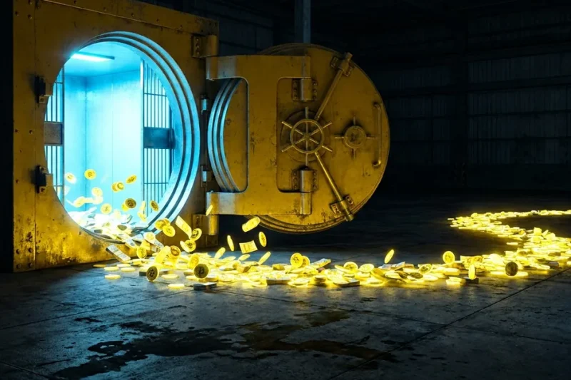 A massive steel vault door swung open, the vault empty, with gold coins and cash spilling across a dark concrete floor