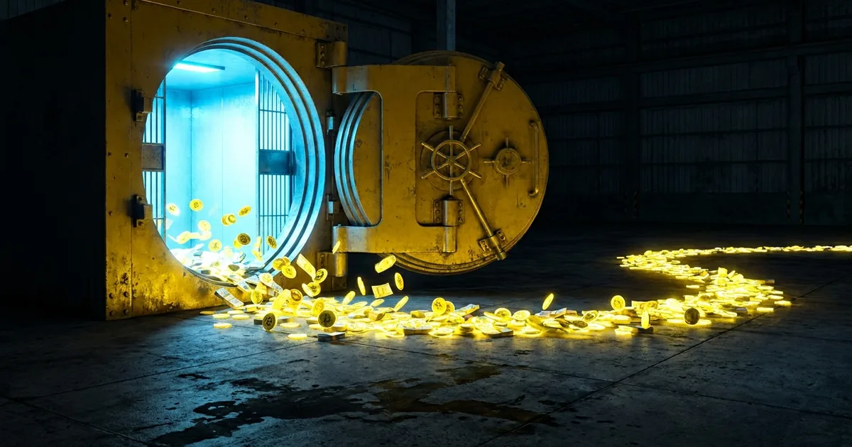 A massive steel vault door swung open, the vault empty, with gold coins and cash spilling across a dark concrete floor