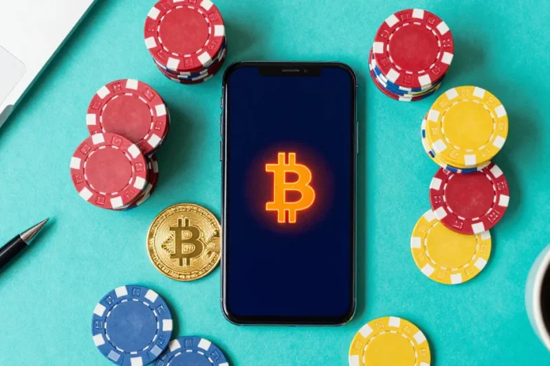 Overhead view of a phone showing a glowing Bitcoin symbol surrounded by stacks of poker chips and a gold Bitcoin coin on a teal desk