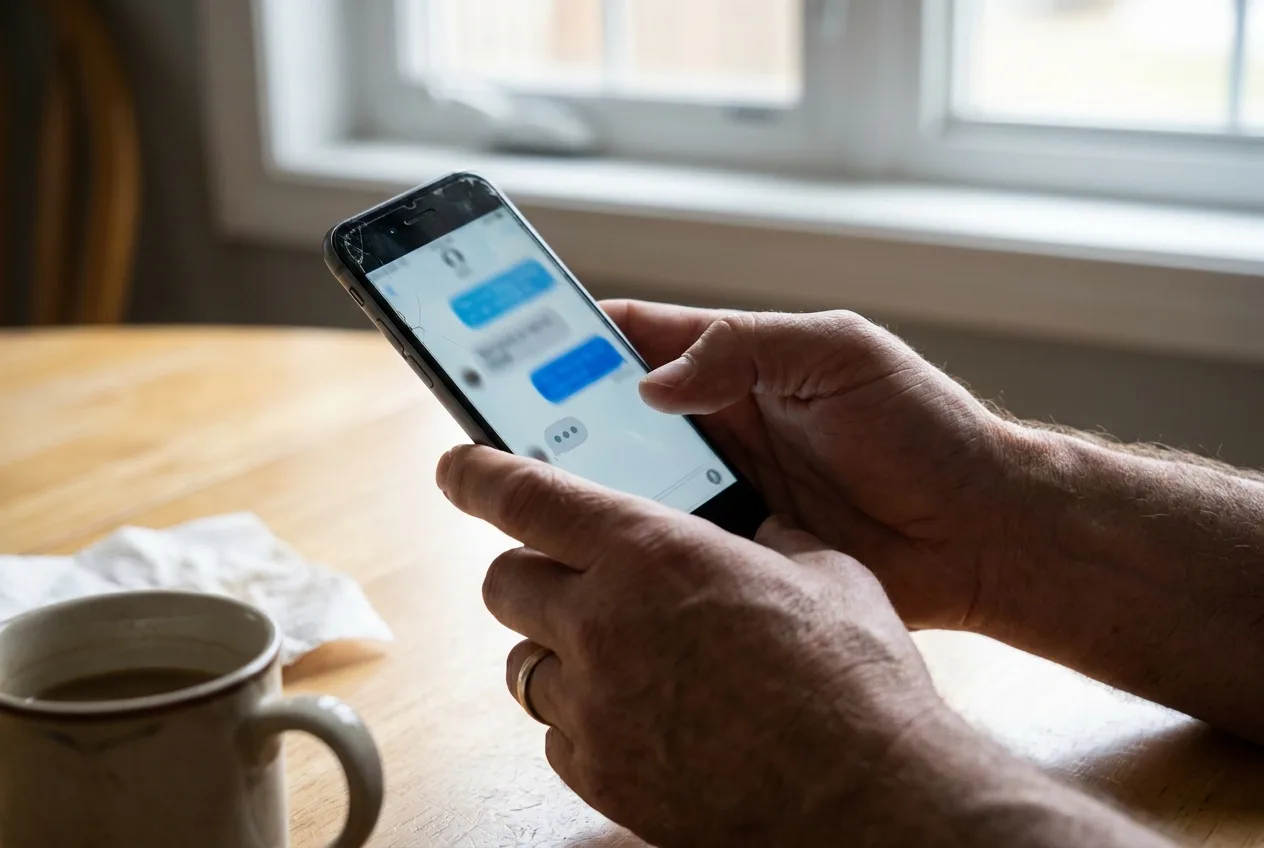 A person holding a smartphone showing a chat thread with a typing indicator, a coffee mug on the table