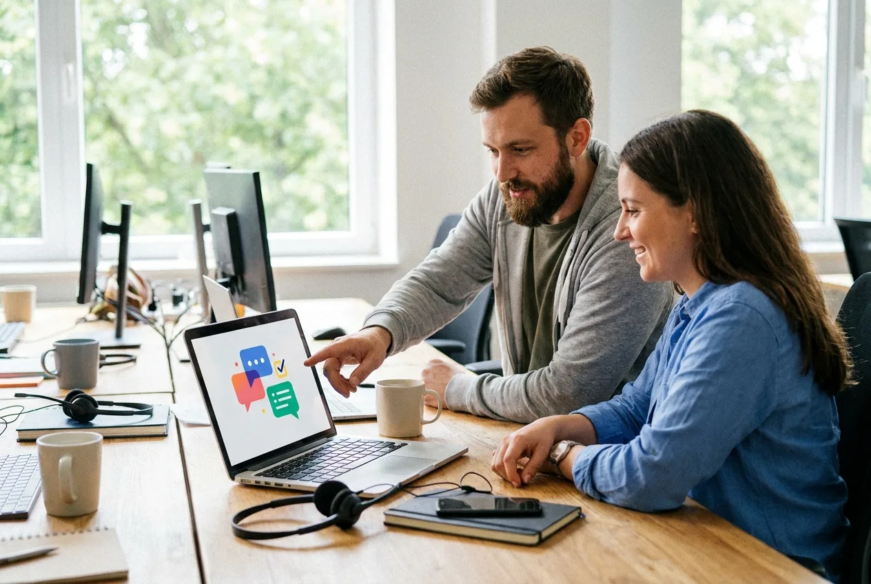 Two support colleagues at a shared desk reviewing a chat thread on a laptop, headsets beside them