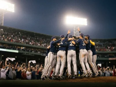 Milwaukee Brewers players leap together in a celebration huddle on the infield under stadium lights at night