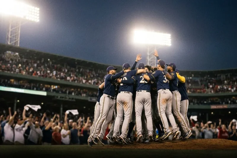 Milwaukee Brewers players leap together in a celebration huddle on the infield under stadium lights at night