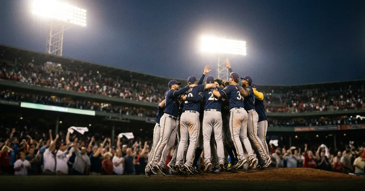 Milwaukee Brewers players leap together in a celebration huddle on the infield under stadium lights at night