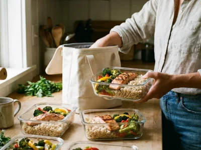 Meal-prep containers of fish, rice and vegetables on a kitchen counter