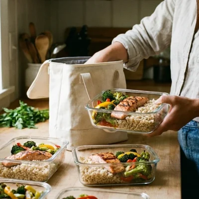 Meal-prep containers of fish, rice and vegetables on a kitchen counter