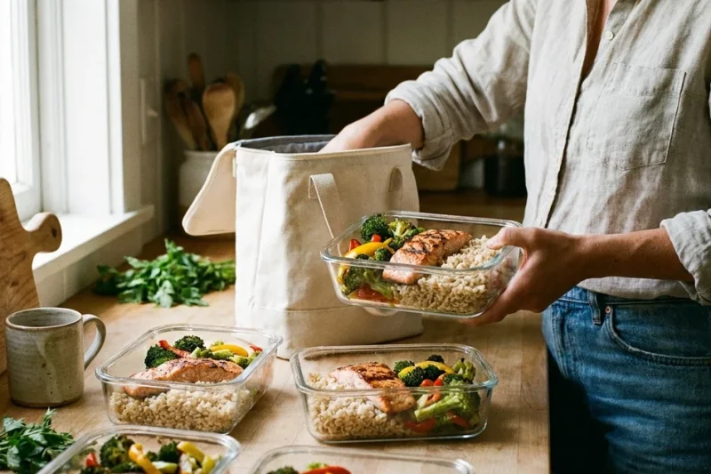 Meal-prep containers of fish, rice and vegetables on a kitchen counter