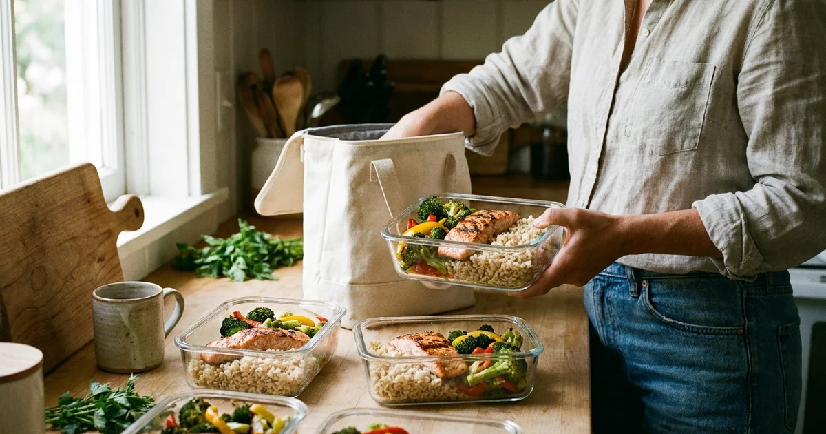 Meal-prep containers of fish, rice and vegetables on a kitchen counter