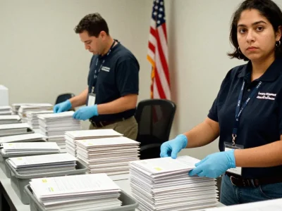 Two election workers in gloves sort stacks of returned mail-in ballot envelopes on a long table in a county election office, one looking toward the camera