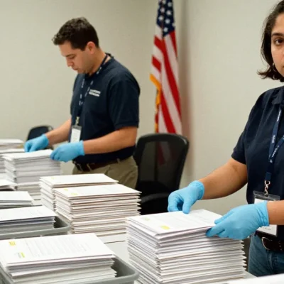 Two election workers in gloves sort stacks of returned mail-in ballot envelopes on a long table in a county election office, one looking toward the camera