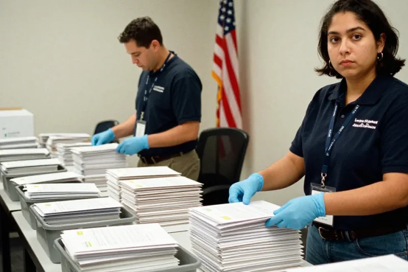 Two election workers in gloves sort stacks of returned mail-in ballot envelopes on a long table in a county election office, one looking toward the camera