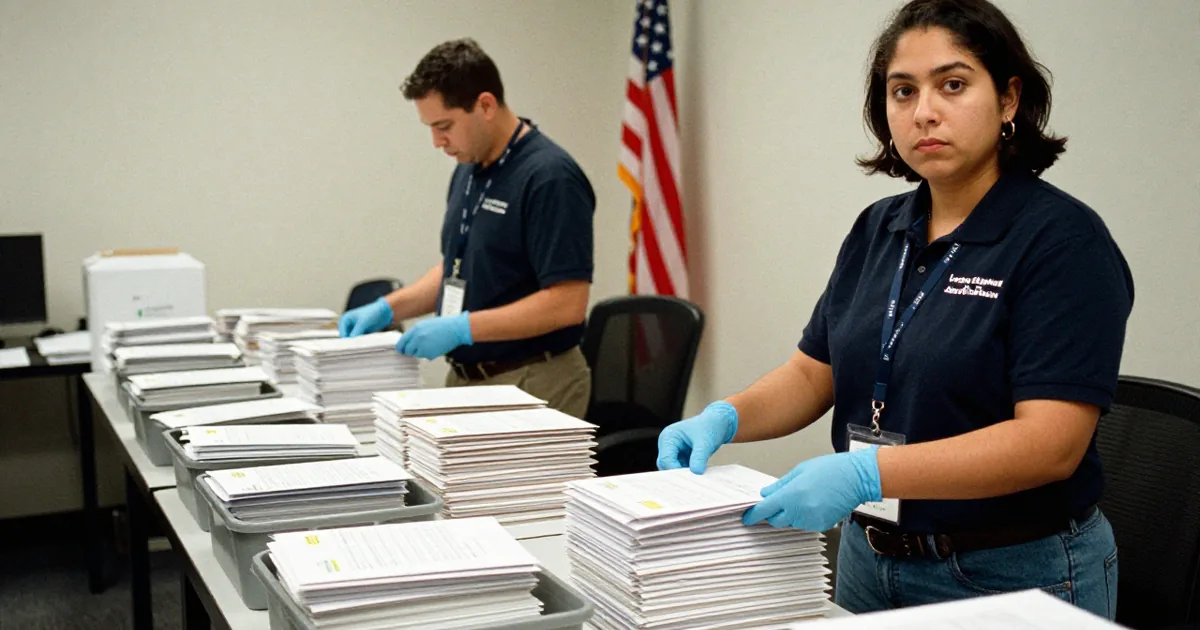 Two election workers in gloves sort stacks of returned mail-in ballot envelopes on a long table in a county election office, one looking toward the camera