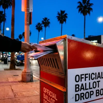 A hand pushes mail ballot envelopes into a red and white official ballot drop box on a Los Angeles sidewalk at dusk, palm trees behind it