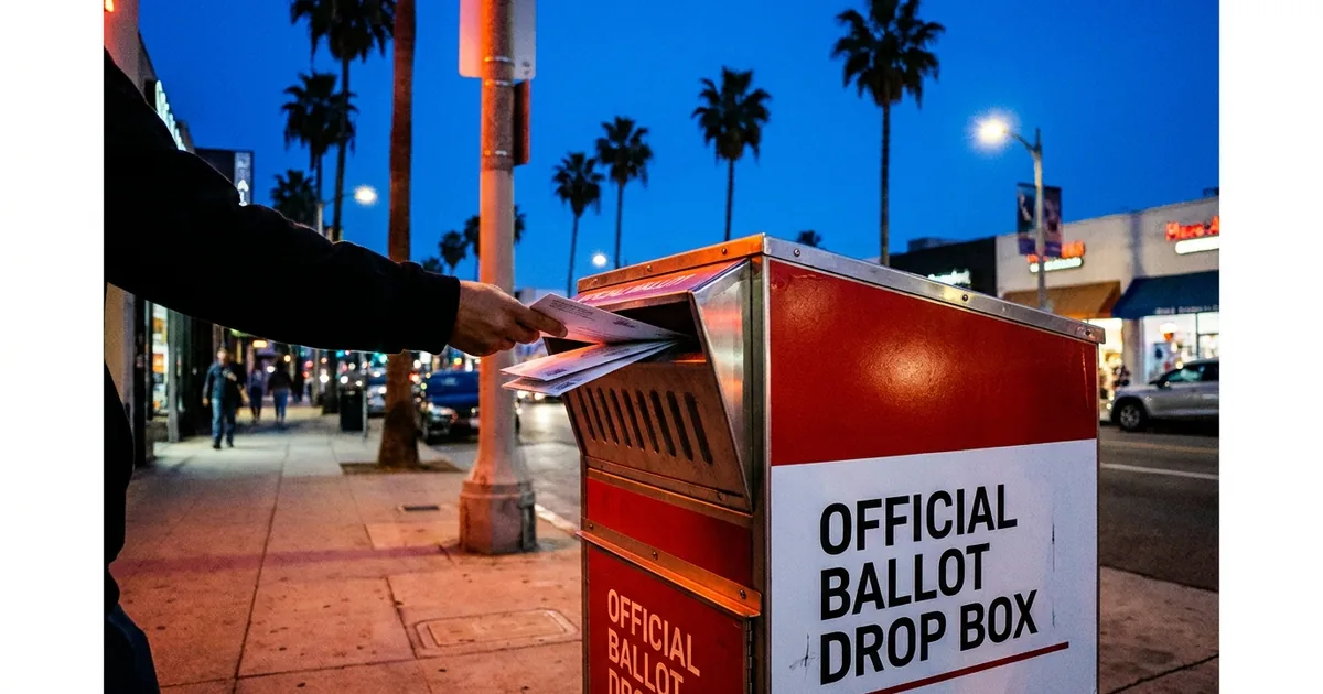 A hand pushes mail ballot envelopes into a red and white official ballot drop box on a Los Angeles sidewalk at dusk, palm trees behind it