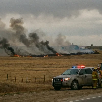 Smoke and flames across Alberta prairie near a military base, with a police vehicle and firefighters at a roadblock
