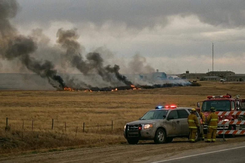 Smoke and flames across Alberta prairie near a military base, with a police vehicle and firefighters at a roadblock