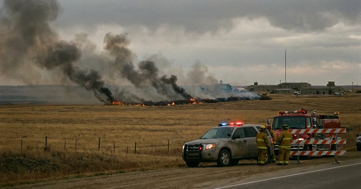 Smoke and flames across Alberta prairie near a military base, with a police vehicle and firefighters at a roadblock