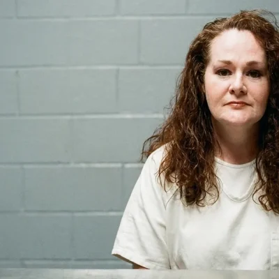 A woman with long auburn curly hair in a white prison shirt sits at a steel table against a gray cinder-block wall, facing the camera